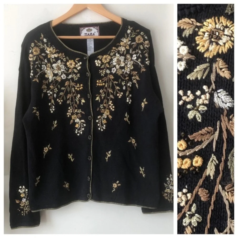 Y2K Tiara International Black Floral Embroidered Cardigan Sweater Medium - Picture 12 of 12